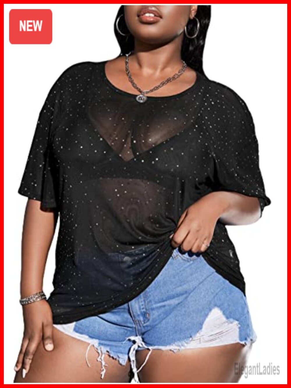 Plus Size Mesh Sequin Sparkly Top Half Sleeve Concert Outfit